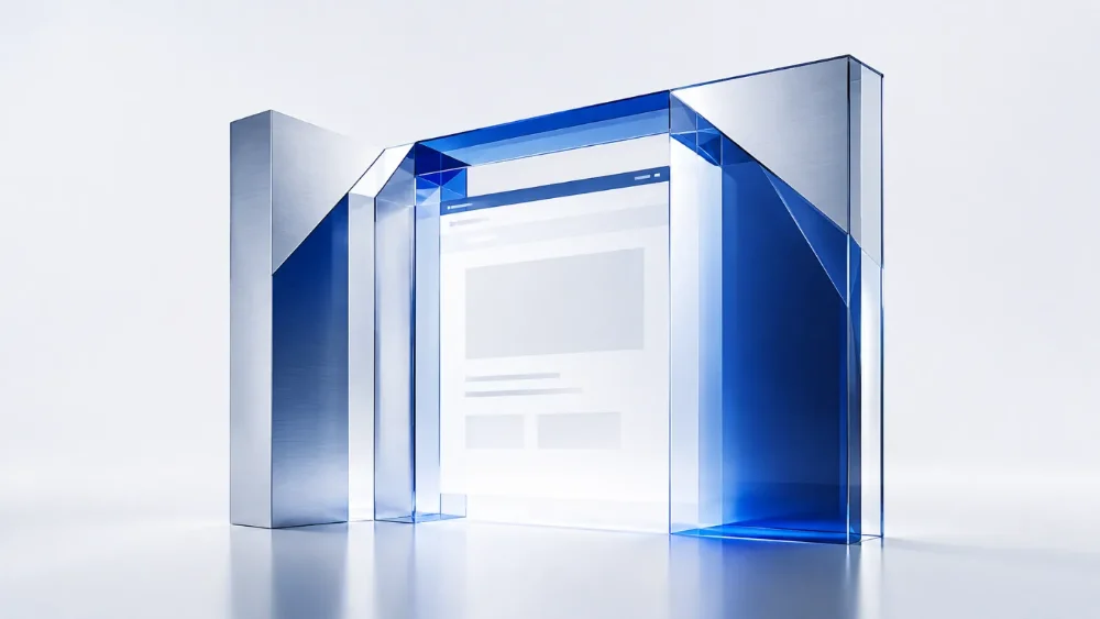 Portail de verre bleu à travers lequel apparaît un site web