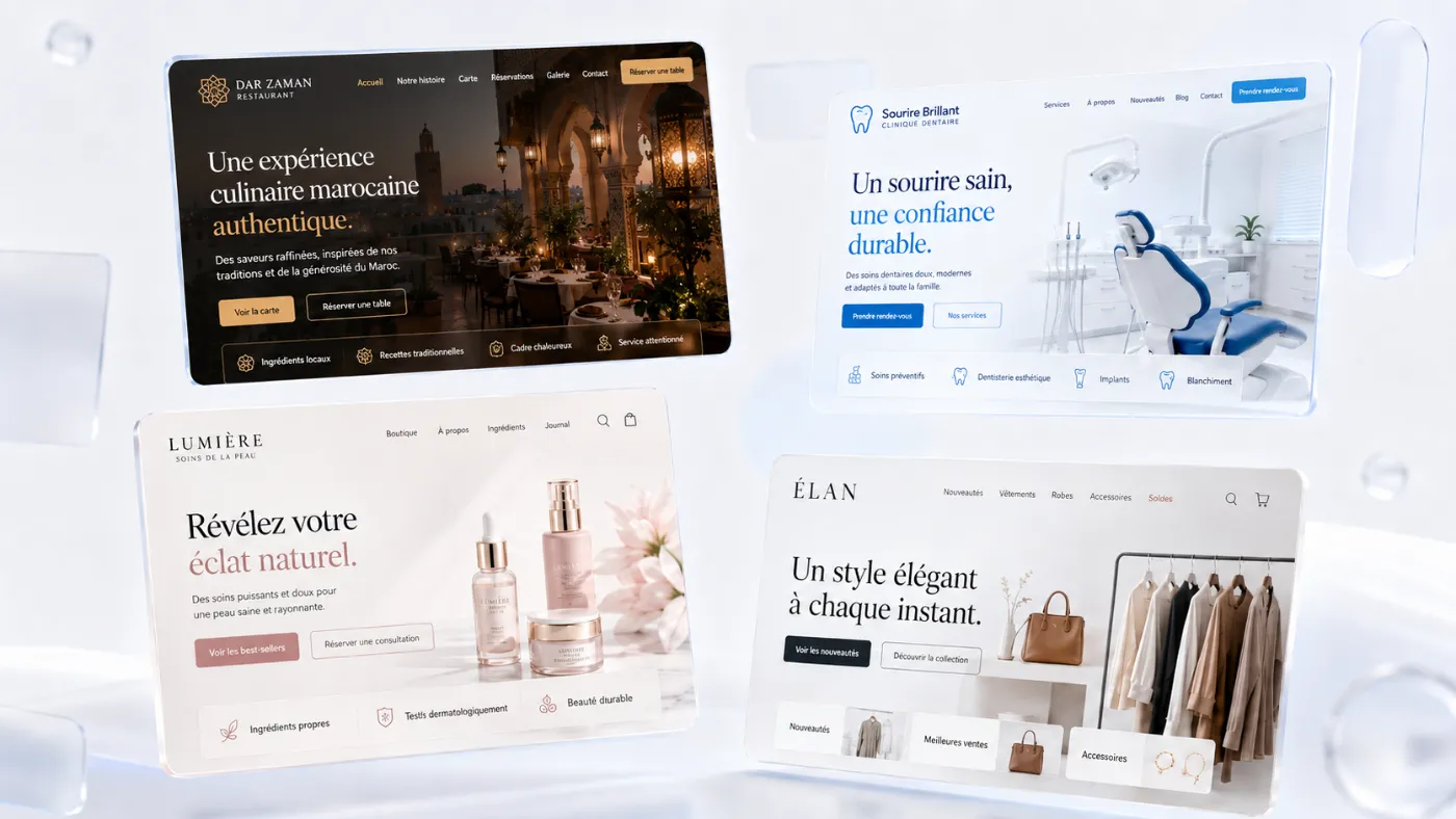 Quatre maquettes de sites : restaurant, cabinet dentaire, soins de la peau, mode